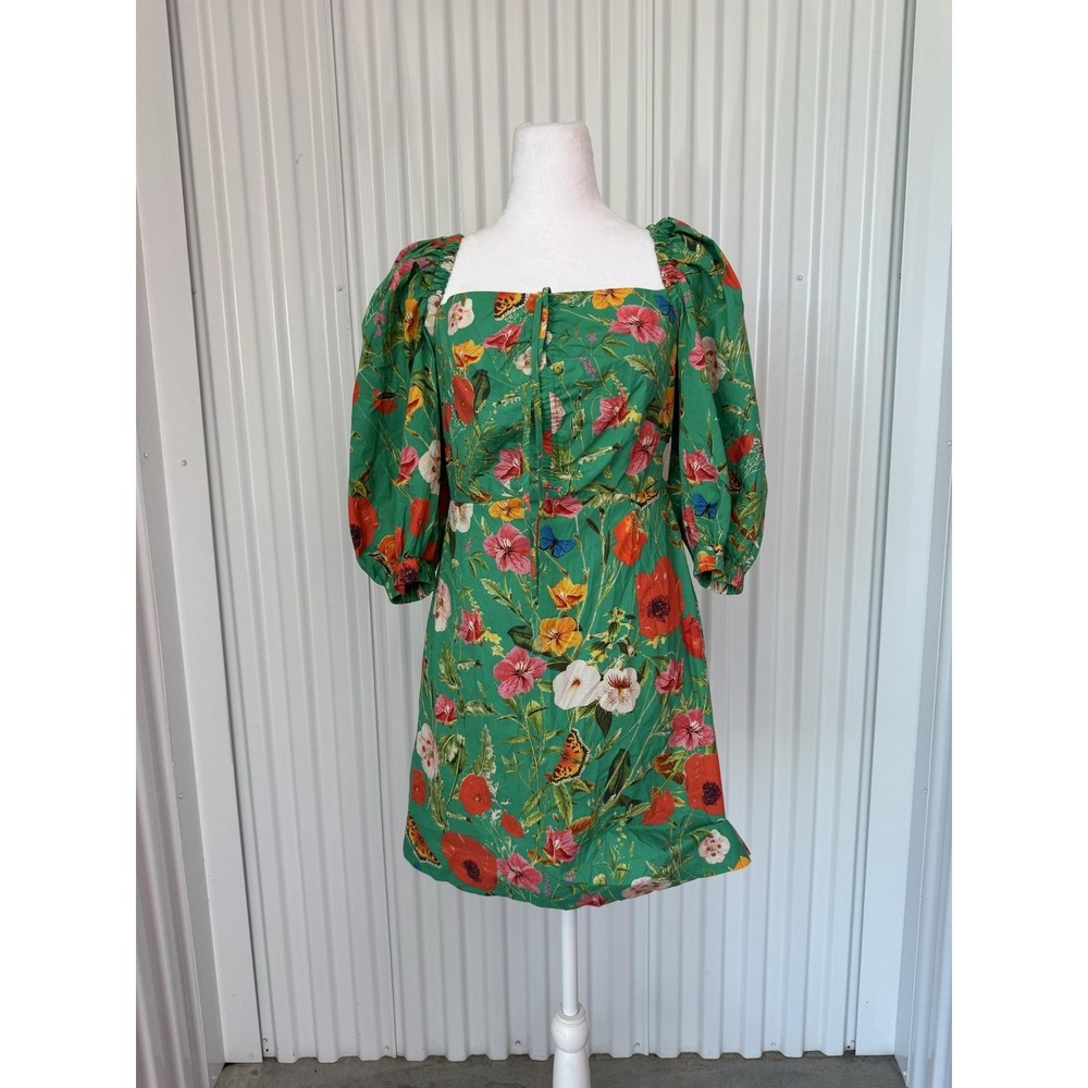 Cara Cara Erin Dress Womens S Green Floral Puff Sleeve Smocked Square Neck Mini